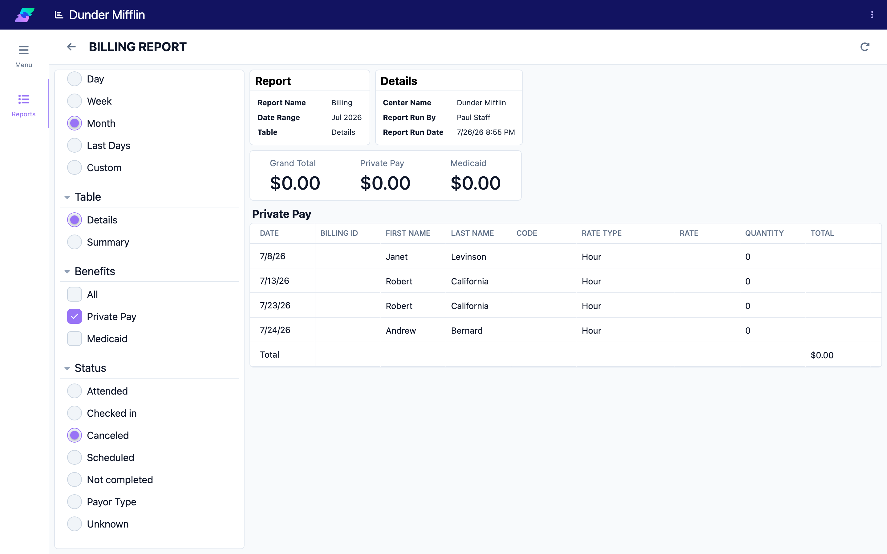 Filter by benefit type and status