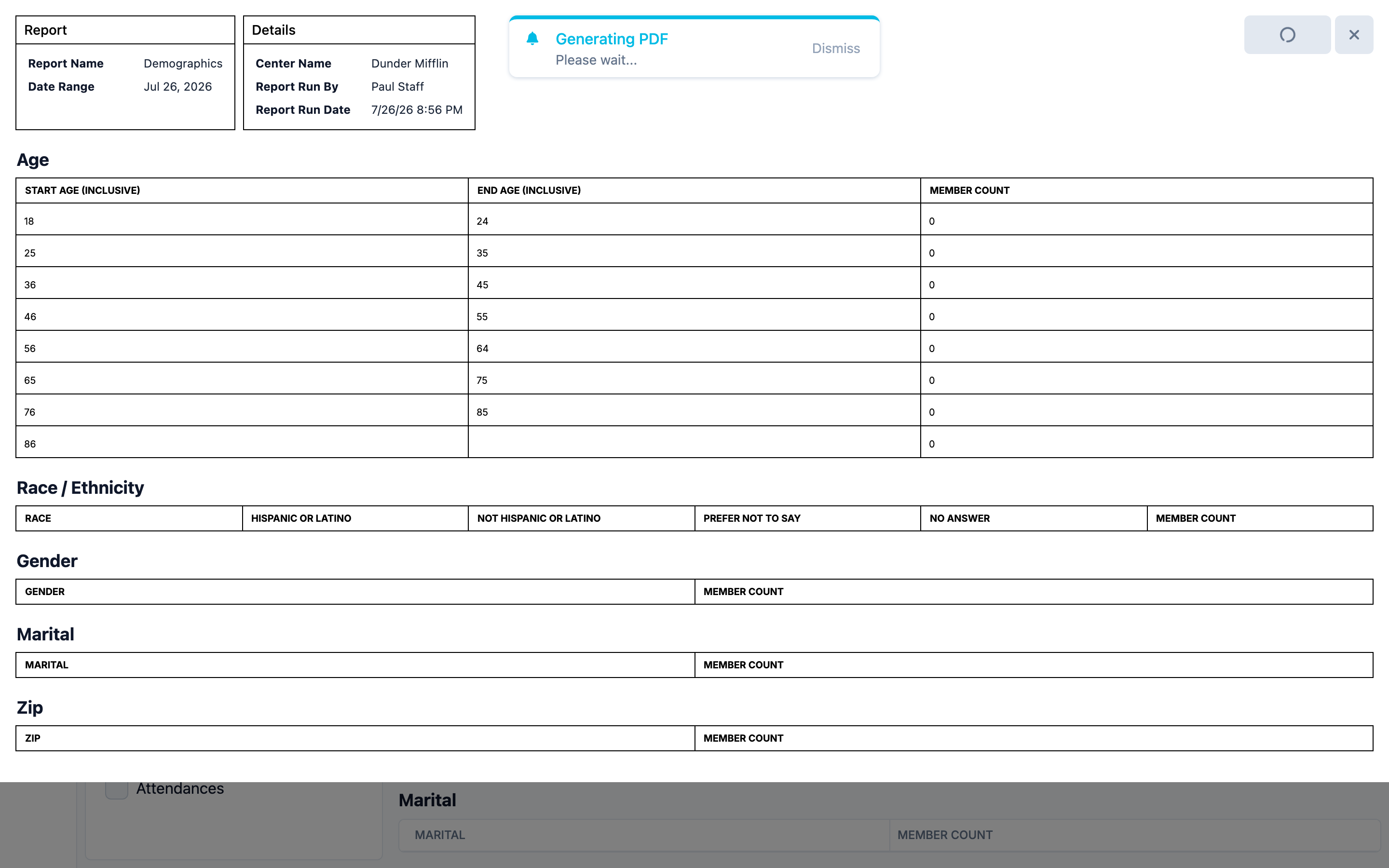 Print the demographics report or save it as a PDF