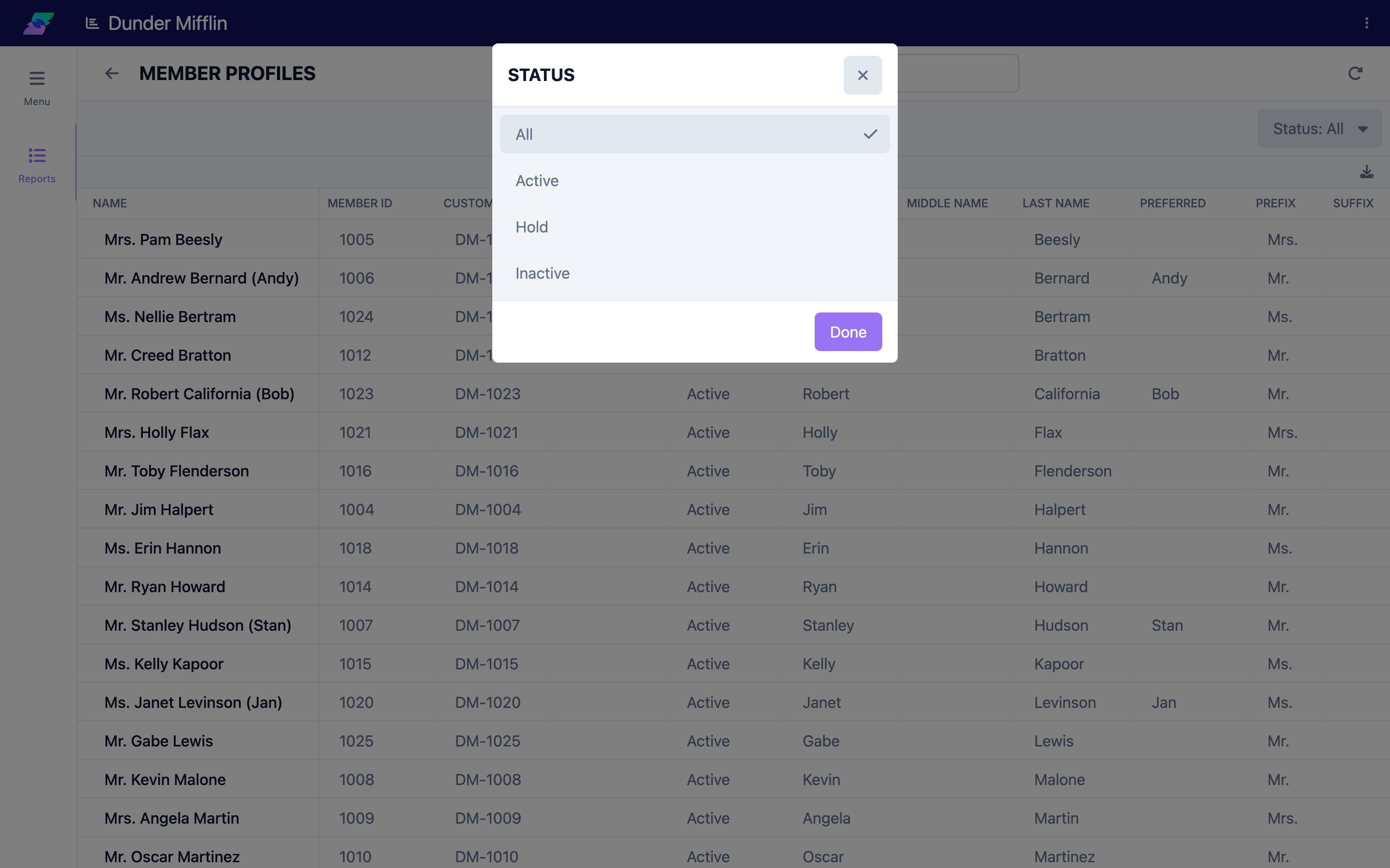 Filter the Profiles view by member status