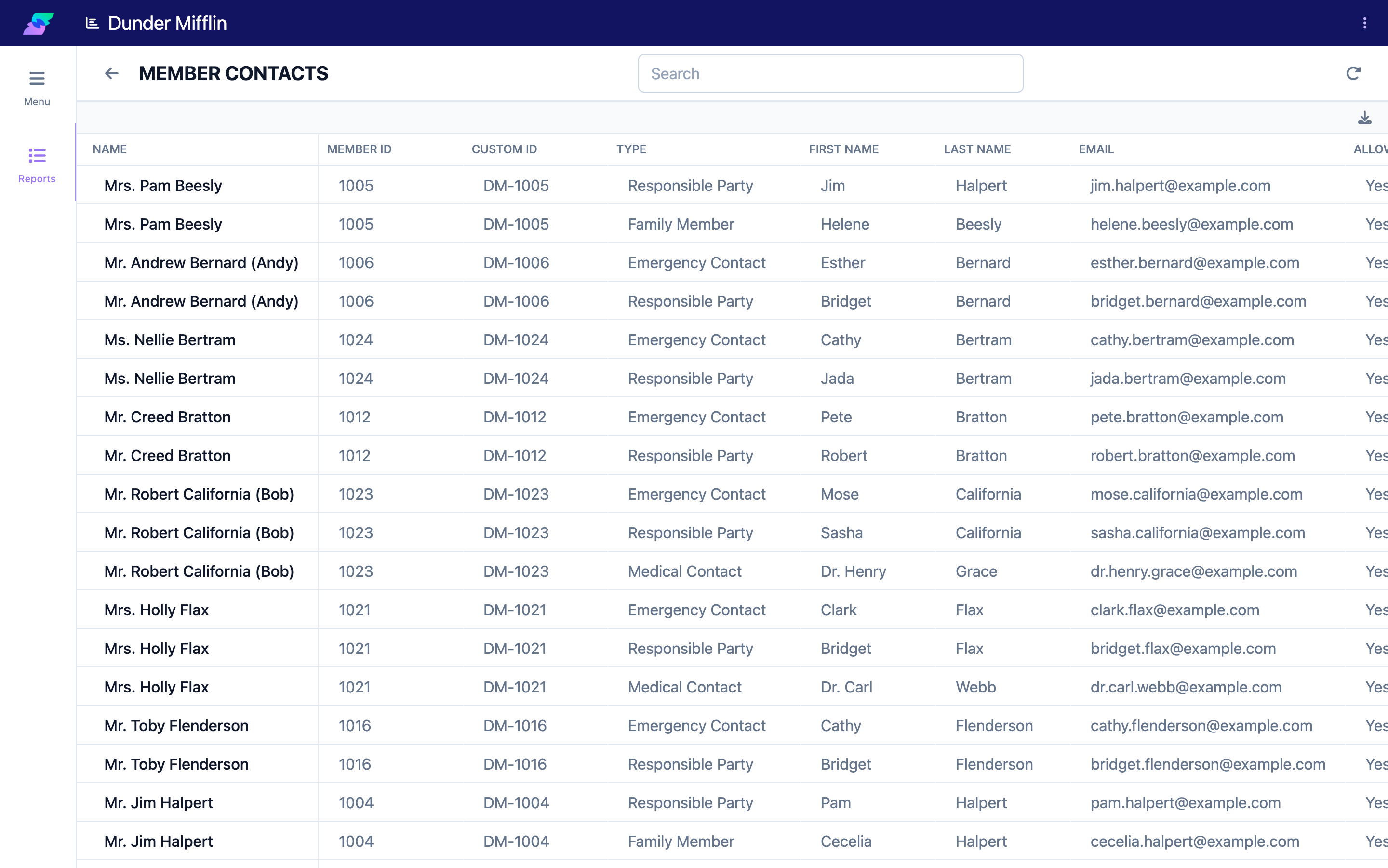 The Contacts view shows its own set of columns