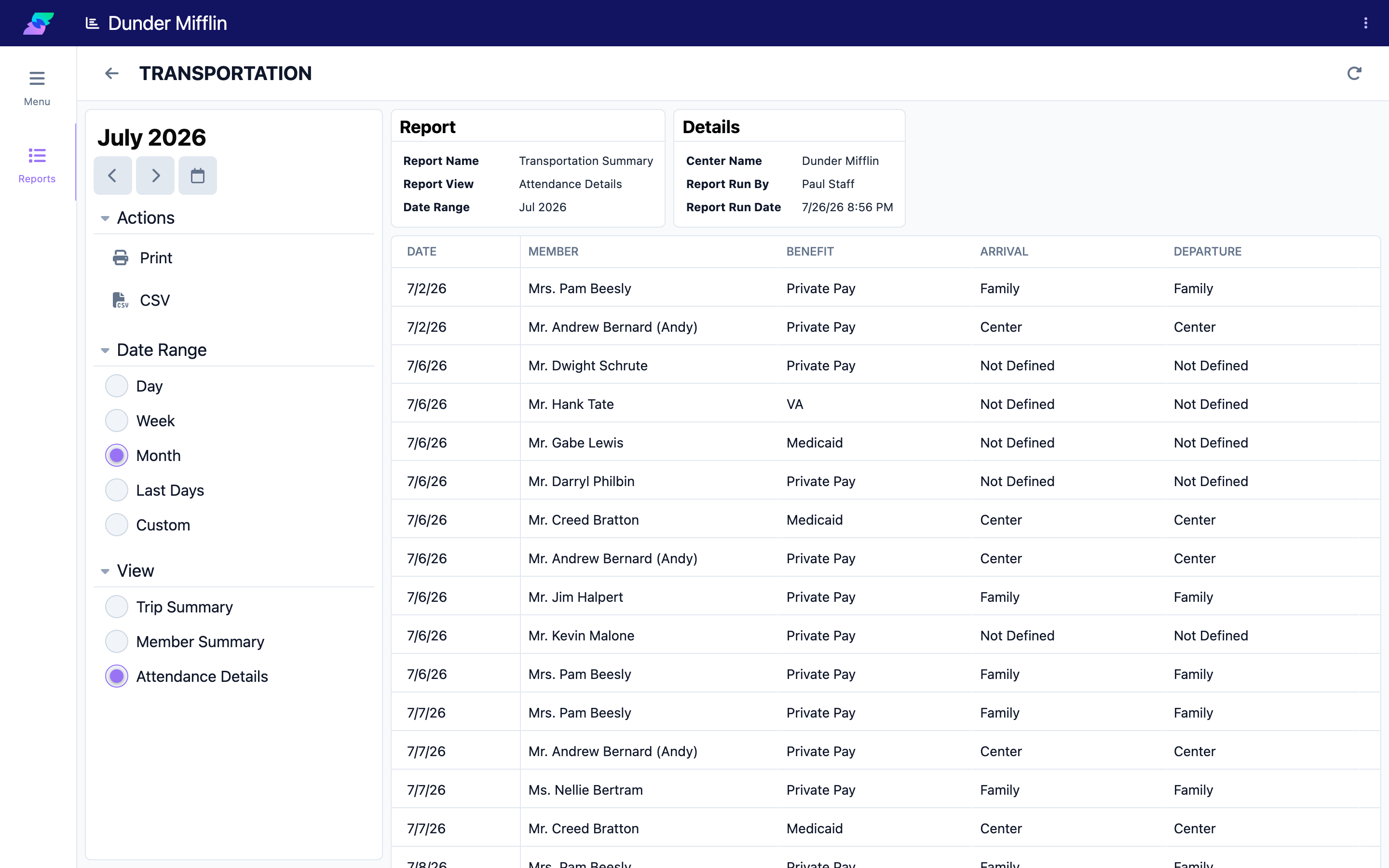 Switch between Trip Summary, Member Summary, and Attendance Details