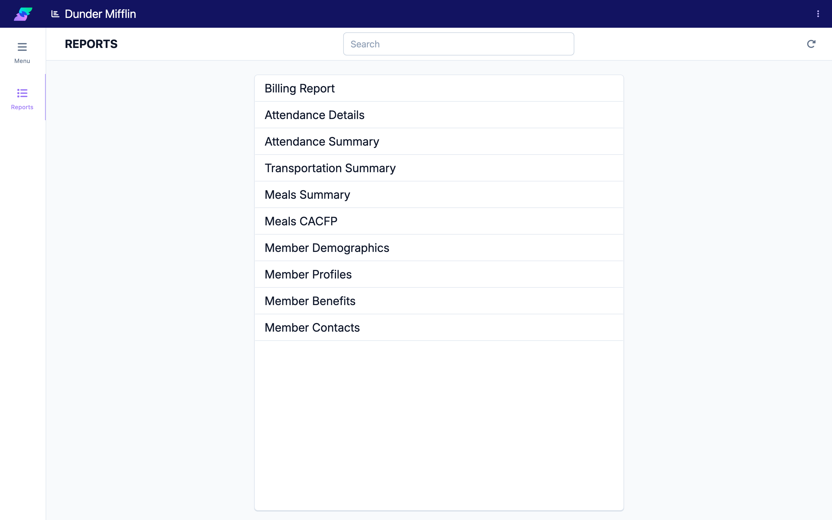 The Reports list shows the reports enabled for your center