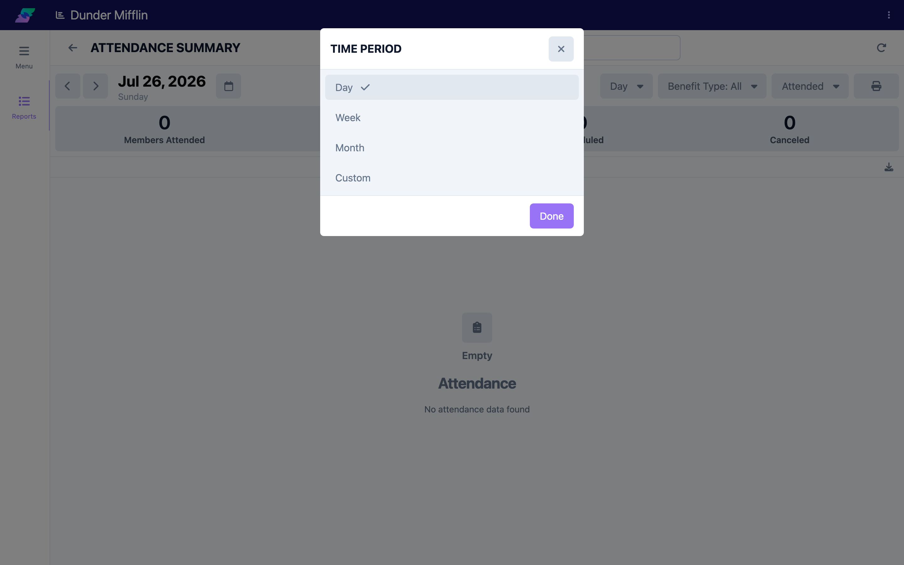 Choose a date range and switch between views